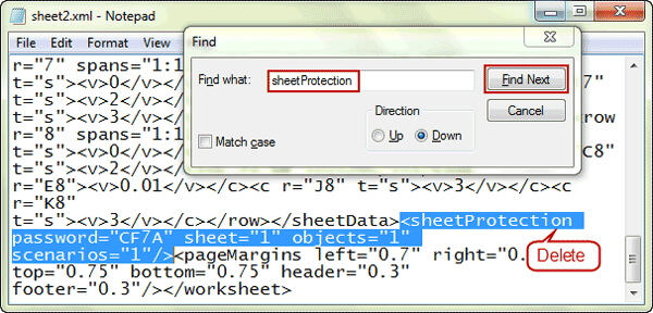 delete sheetprotection tag in xml