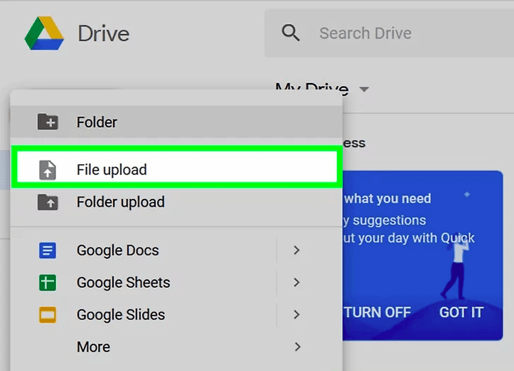 select file upload option in google sheets