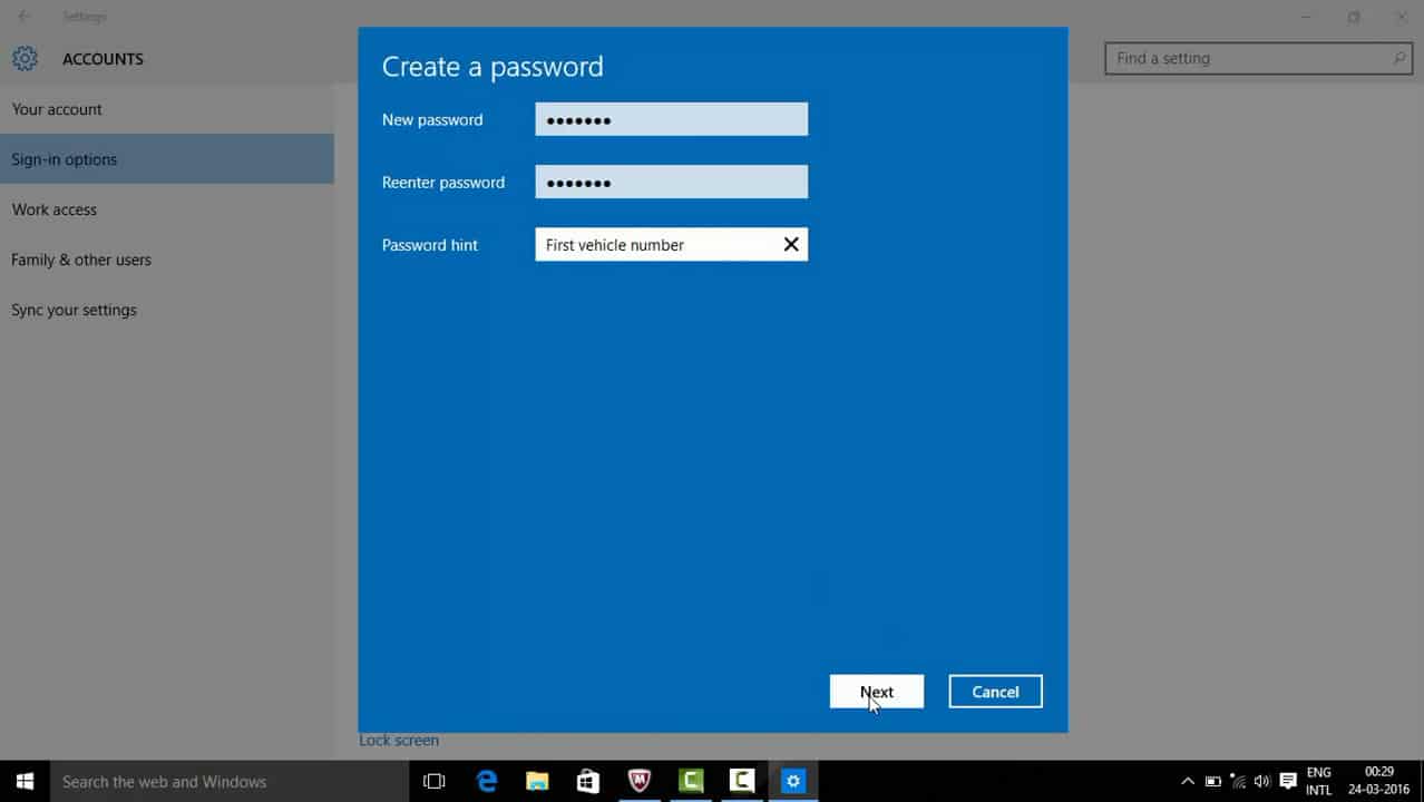 Enter New Password in Windows 10