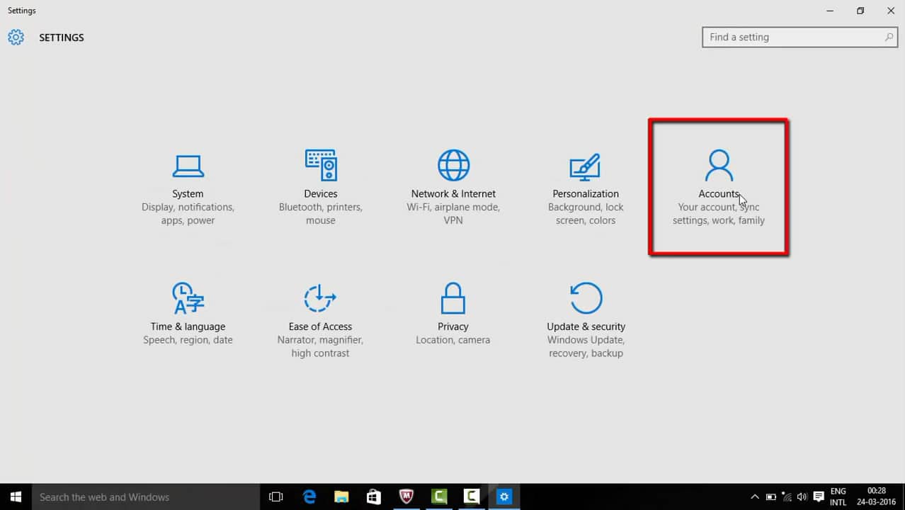Go to Account in Windows 10