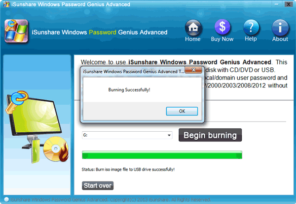 begin burning ThinkPad password reset disk