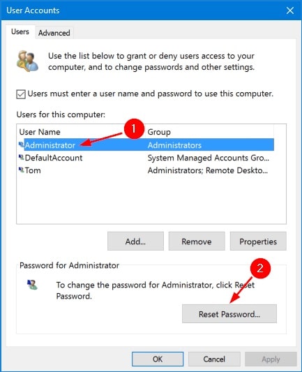 reset password for a Windows 10 user