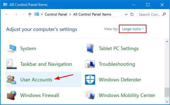 Windows 10 user accounts control panel