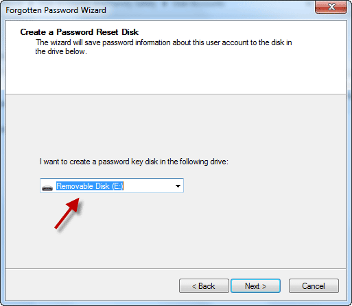 Select USB Drive to Create Password Reset Disk