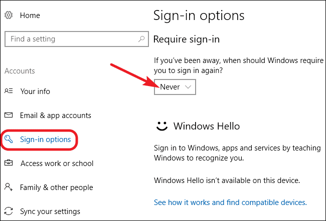 Windows 10 Sign in Options Never