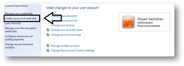Click Create a Password Reset Disk in Windows 10