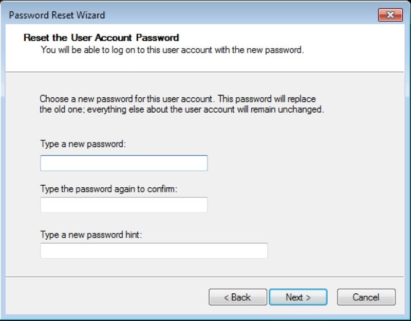 enter new password in Windows 7