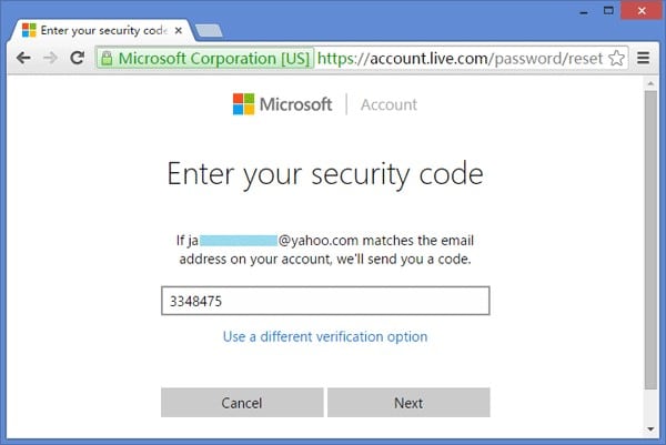 ingrese el código de seguridad de Microsoft