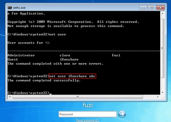 enter net user password for Windows 7 admin account