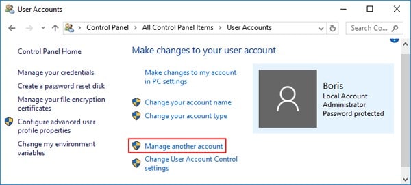 manage another account in Windows 10