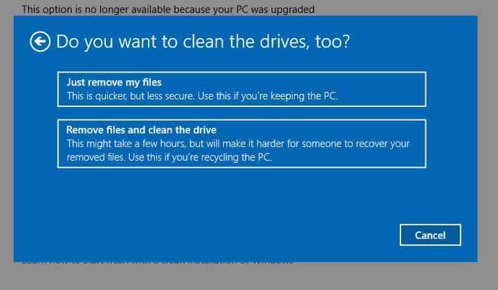 remove files and clean drive when factory reset windows 10 laptop