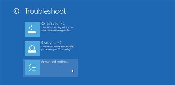 Opciones avanzadas de troubleshoot de Windows 8