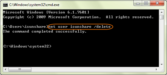 delete administrator account with command in Windows 7