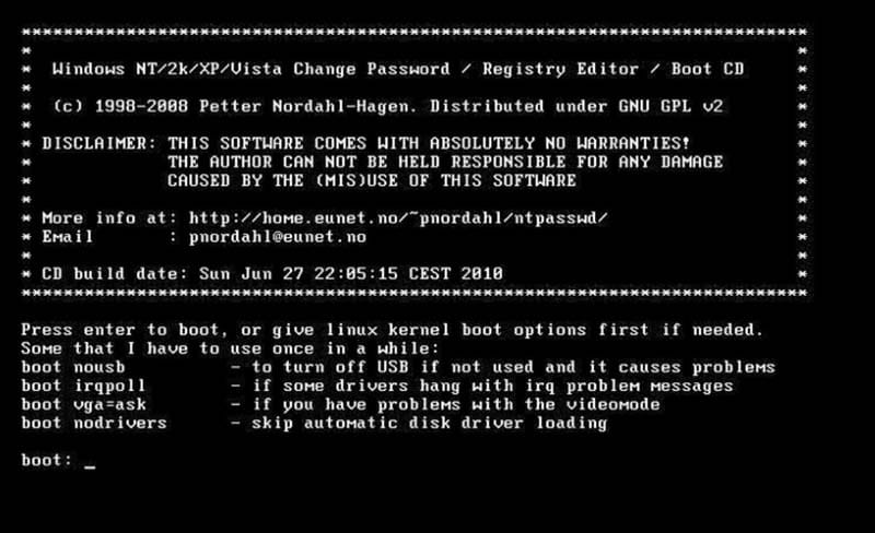 Offline NT Password & Registry Editor menu