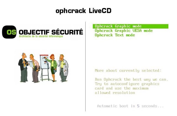 Ophcrack menú de Windows 10