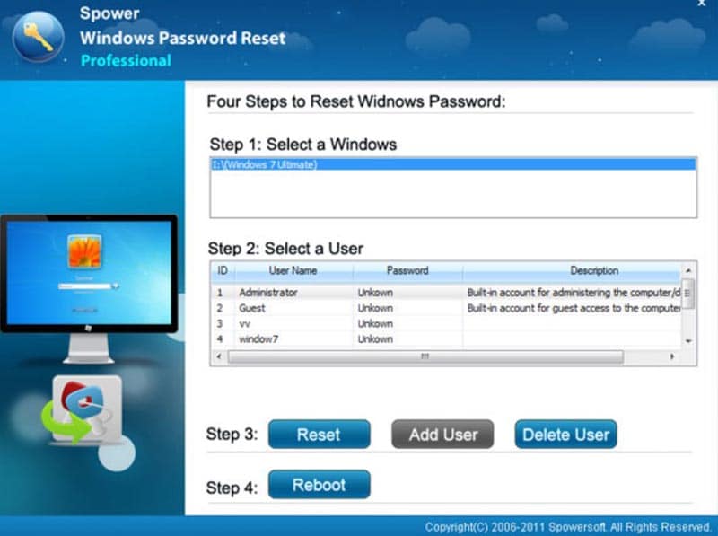 spower windows password reset