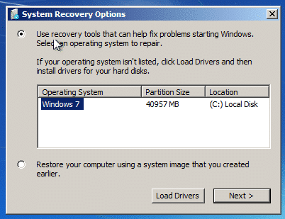 System recovery options in Windows 7