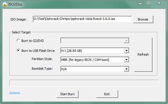 burn ophcrack live cd for Windows 7 password reset