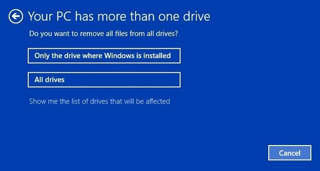 select drive to factory reset pc