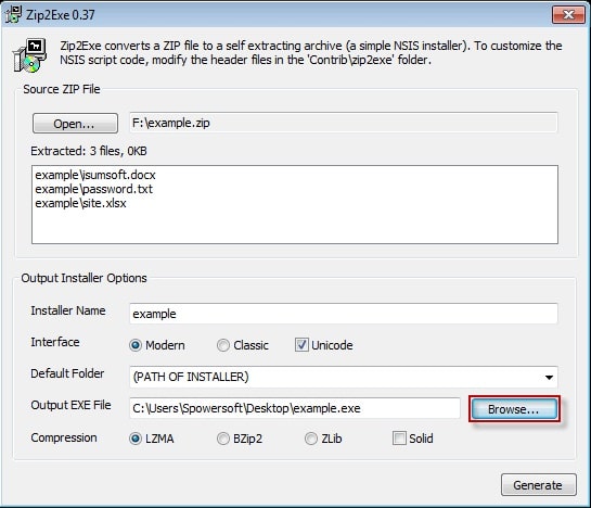 choose path for exe in zip2exe