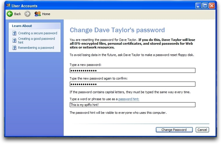 WIndows XP change password