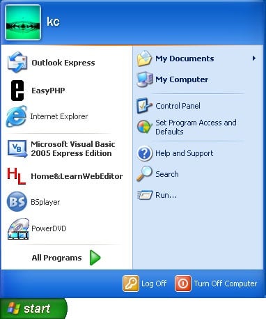 Windows XP start panel