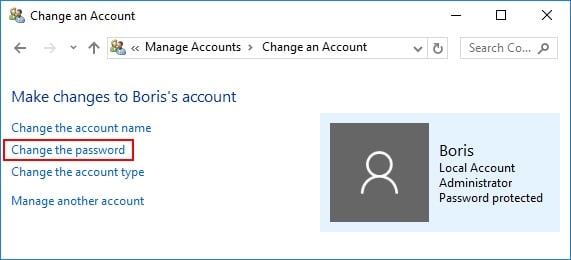 Change the password in Windows 10