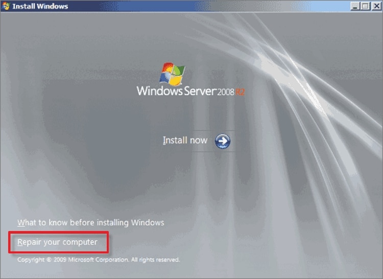 Repair your computer in Windows Server 2008 installation