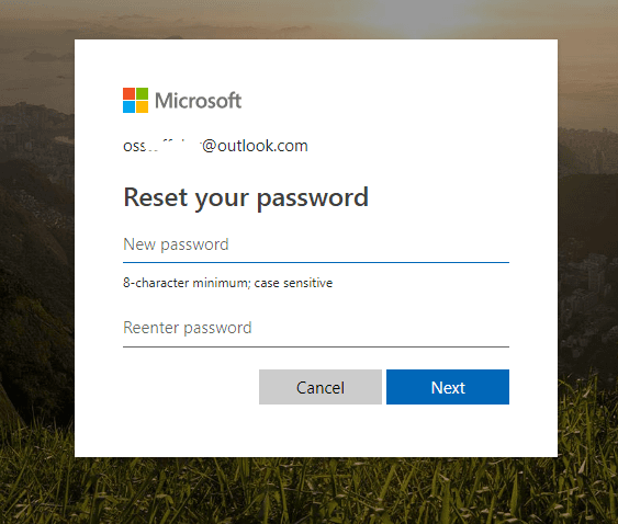 reset Microsoft account password after successful verification