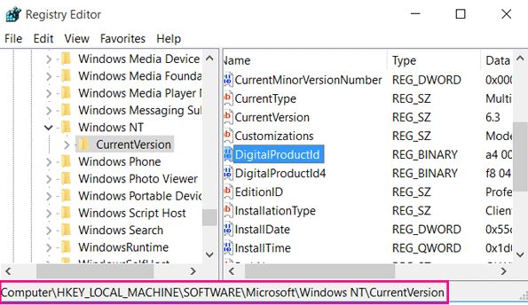 Find Windows 10 Product Key in the registry
