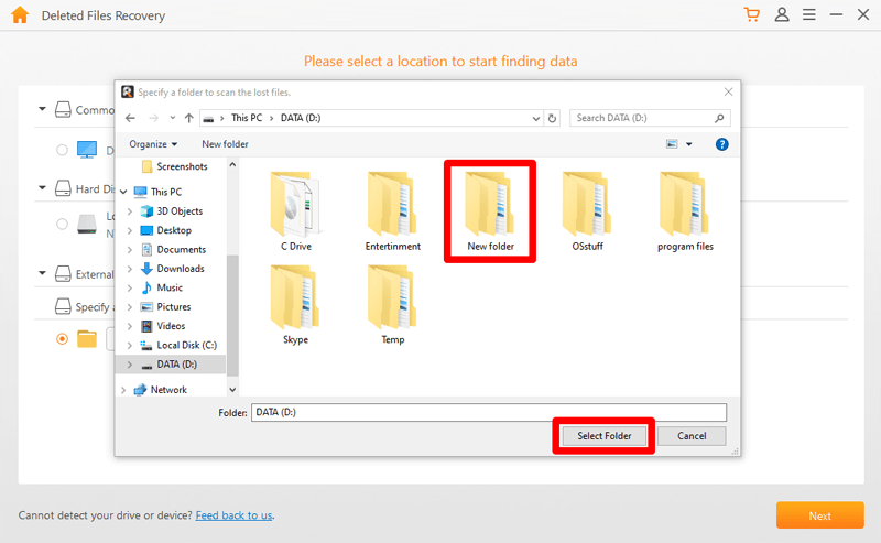 pick a folder to recover in deleted files recovery