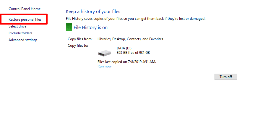 find restore personal files option