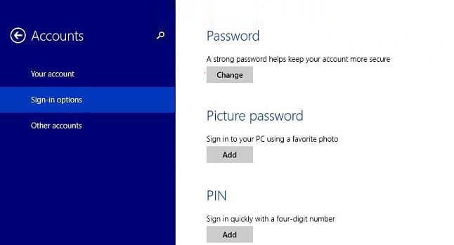 windows 8 sign in options password change