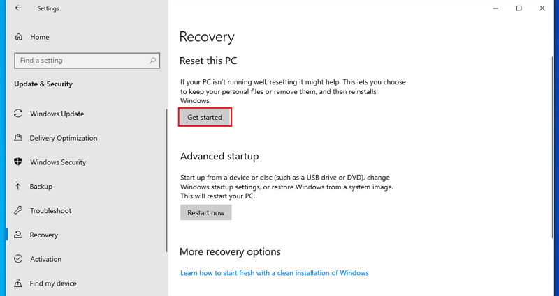 get start to reset Windows 10