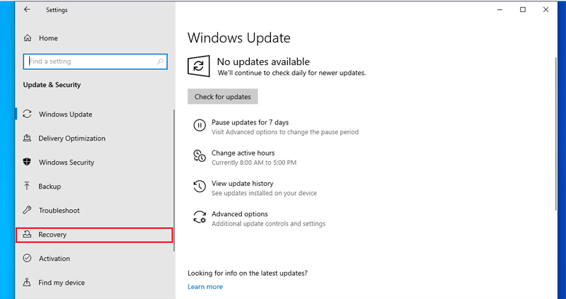 select recovery in Windows 10