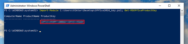 run command in powershell to find office 2016 product key