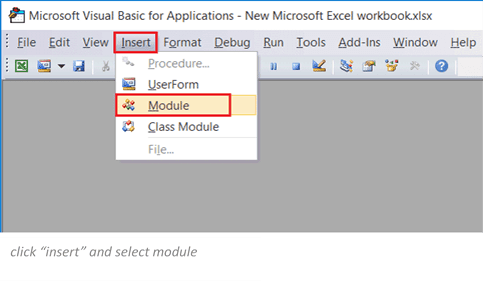 click insert and select module to proceed removing excel password