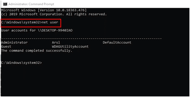 screenshot of using command prompt to get administrator password
